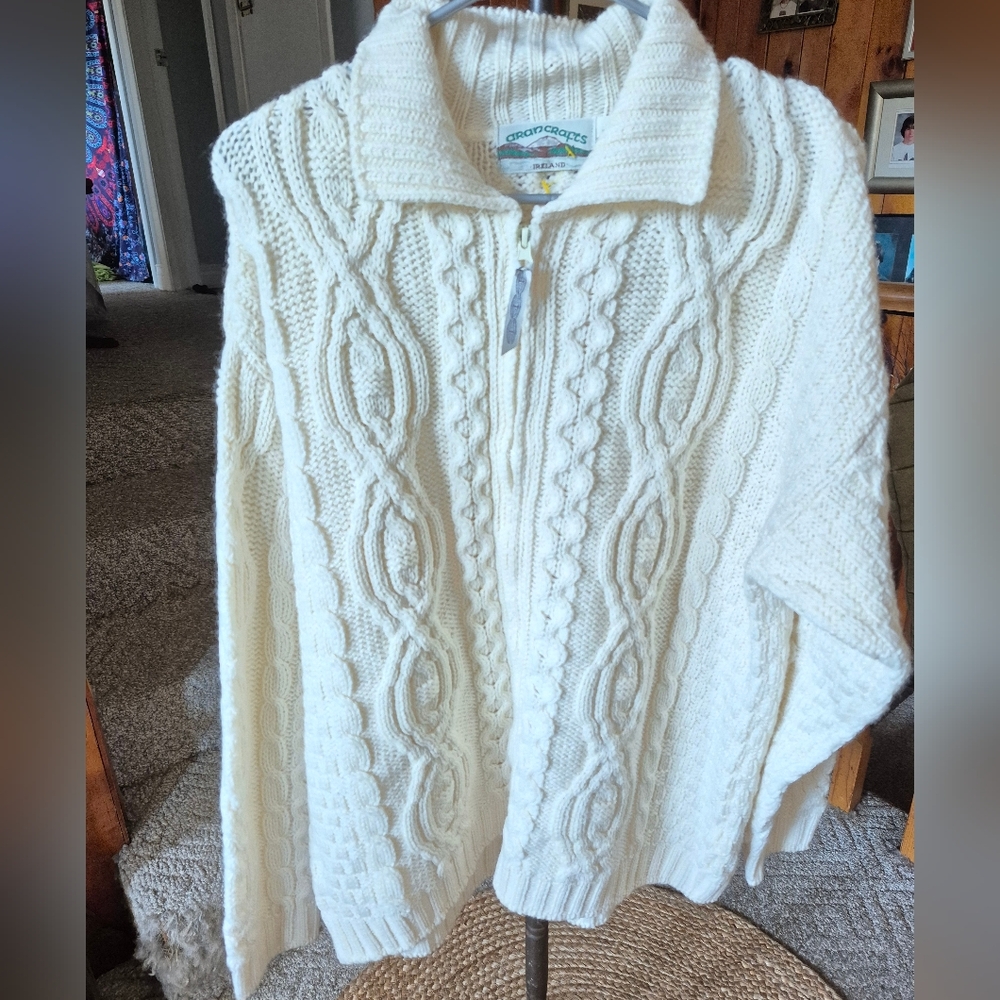 Arancrafts Men 100%Merino Wool Zipper.Fisherman knit Cardigan Sweater Sz.L Cream